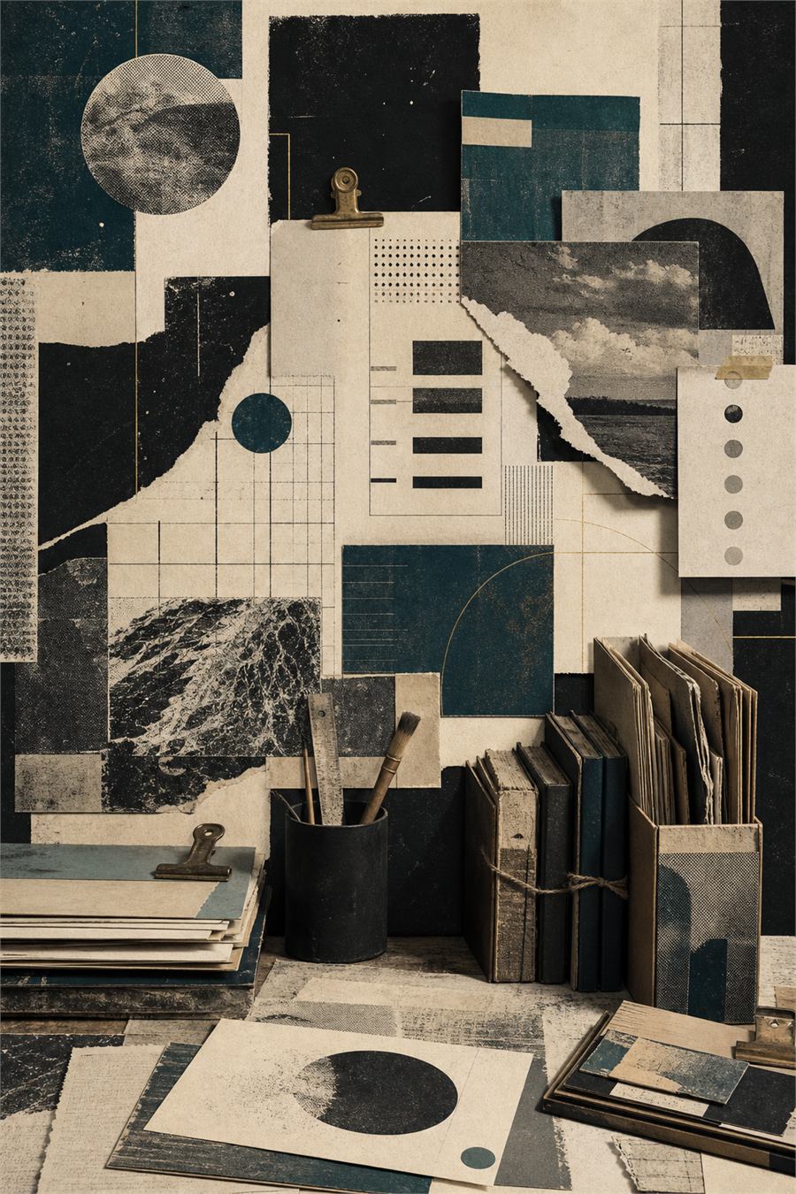 Composição editorial retroprint com camadas de papel, texturas e formas gráficas, sugerindo um espaço em preparação.