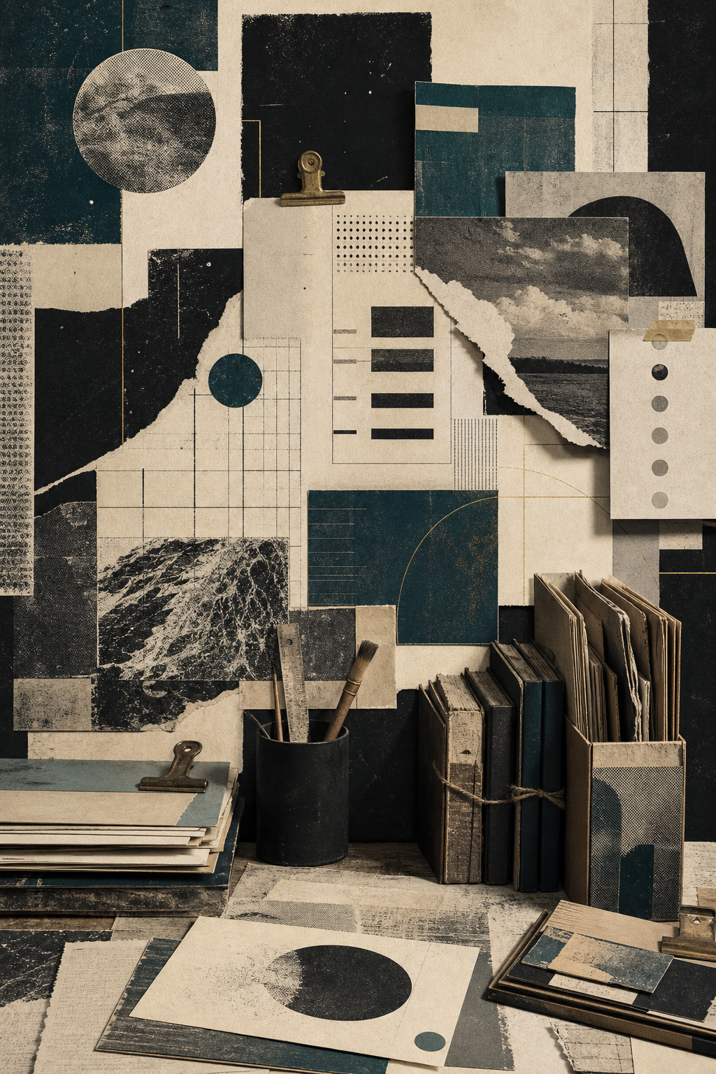 Composição editorial retroprint com camadas de papel, texturas e formas gráficas, sugerindo um espaço em preparação.